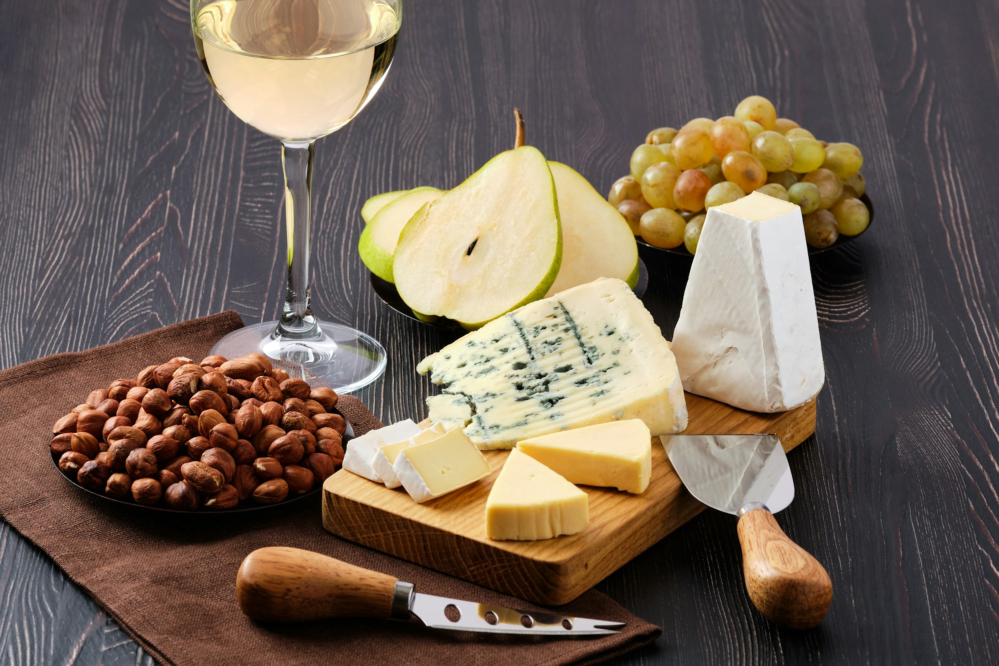 Snack for wine - sheese plate and fruits